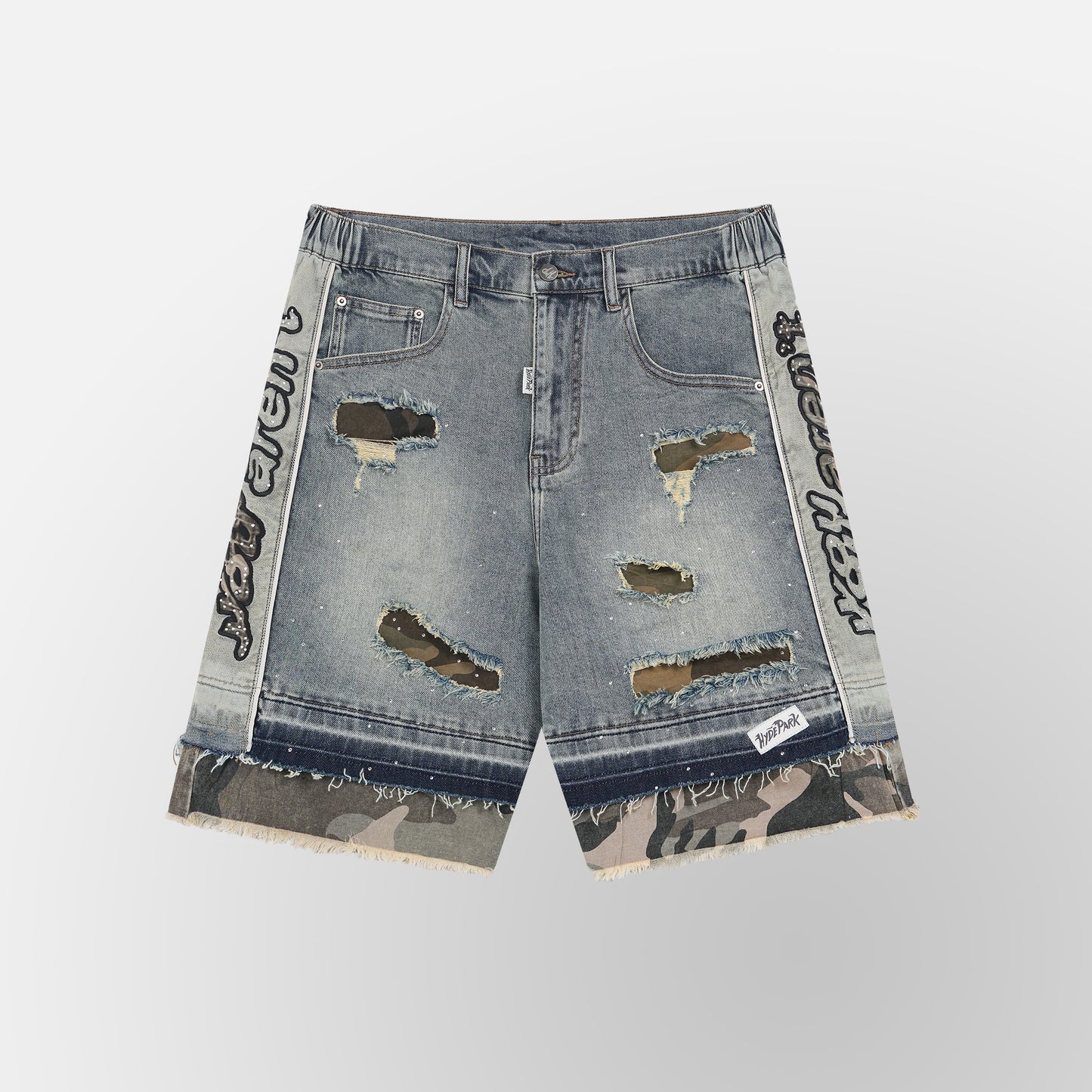 Camo Patch Striped Denim Short - Blue