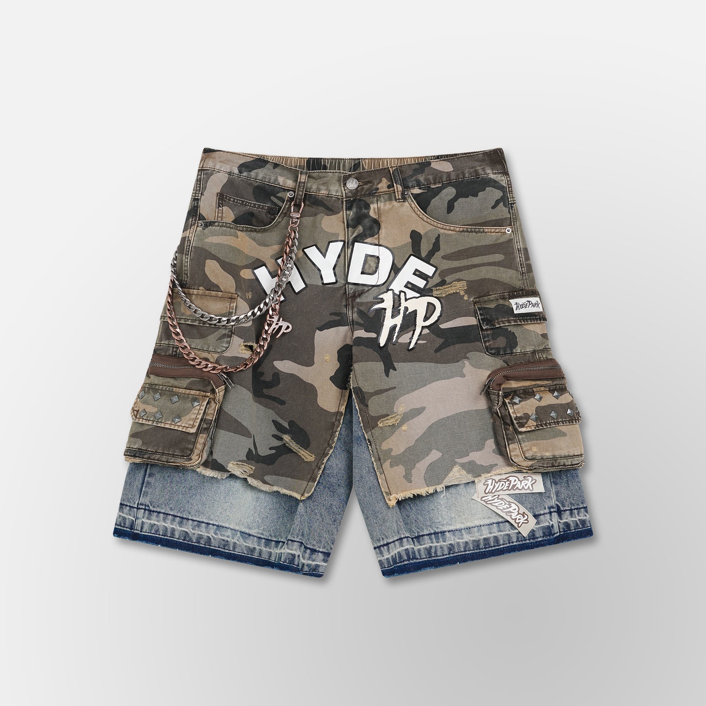 Camo x Denim Cargo Short - Military Green