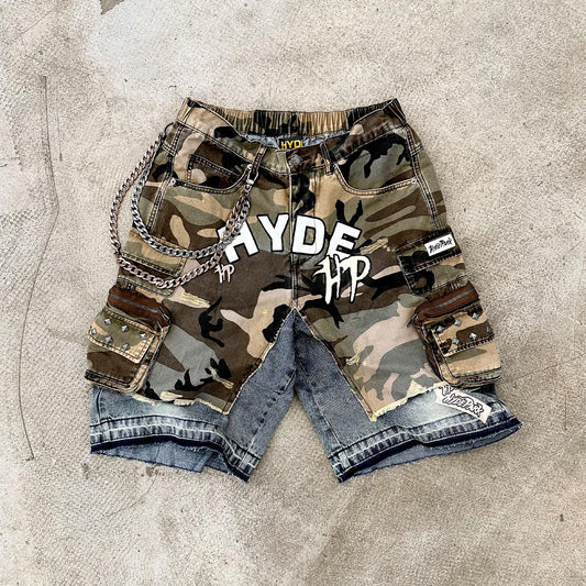 Camo x Denim Cargo Short - Military Green